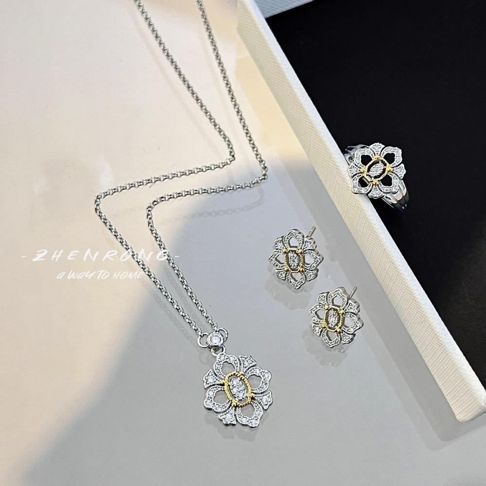 Women Jewelry Set Italian Buqi Lati Vintage Opera Full Pave Necklace Earrings and Ring Openwork Design