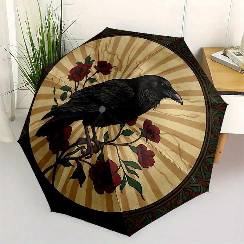 

Raven & Red Flowers: A Unique Circular Art PrintUmbrella with Cute Design, Portable 3-Fold Compact Umbrella for Men & Women, Valentine s Day Mother s