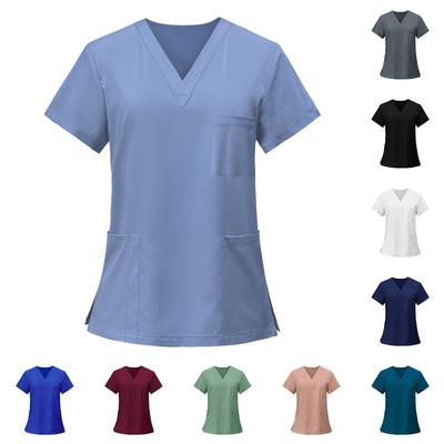 Ladies' Lightweight Solid Color V-neck Multi Pocket Side Slit Short Sleeved Shirt