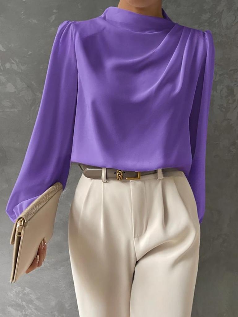 Solid Color Ruched Satin Pullover: Women's European and American Style Long-Sleeved Shirt