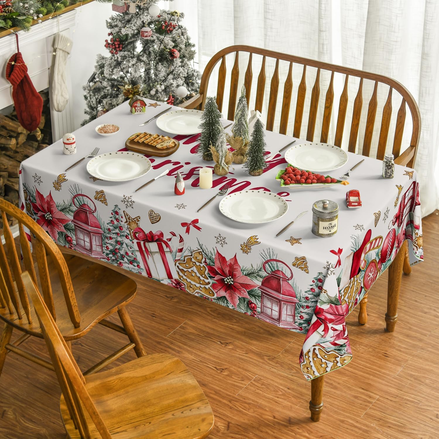 

Christmas Poinsettia Gingerbread Tree Waterproof Tablecloth Table Decor Winter Kitchen Dining Tablecloth Christmas Decorations 90x140cm