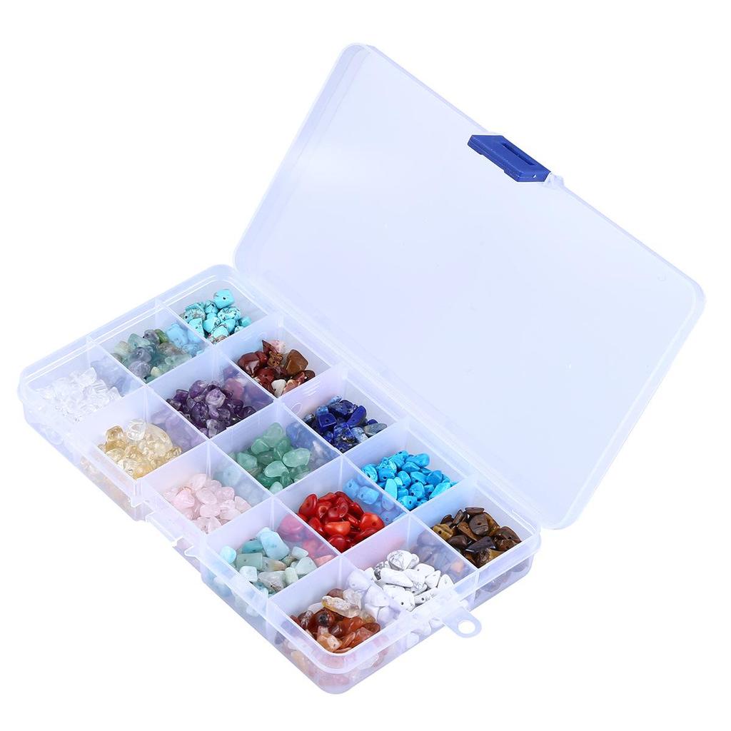 Crushed Natural Stone Bead Set: 15 Compartments with Amethyst, Lapis, Agate, Tiger Eye, Crystal, Turquoise, & More