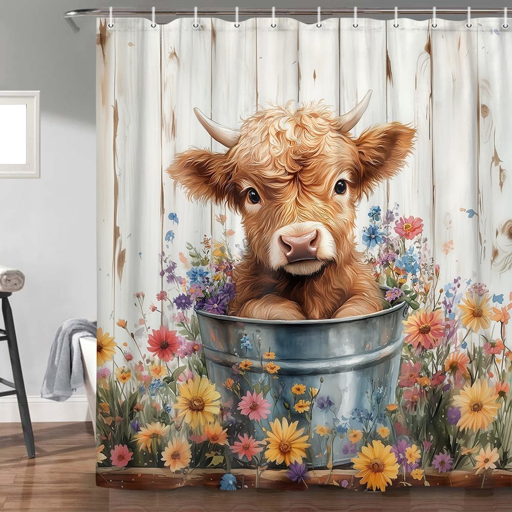 JAWO Cow Shower Curtain, Farmhouse Rustic Floral Funny Highland Cow Shower Curtains for Bathroom, Western Cute Calf Country Farm Animal Bathroom
