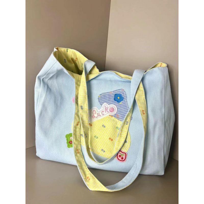 

Japanese Style Cute One-Shoulder Large Capacity Bag 2025 New Arrival Double-Sided Canvas Reticule Preppy Style Class Commuter Bag Blue