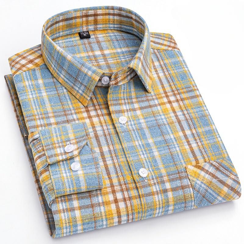 New 100% Pure Cotton Shirt Men's Plaid Shirt Long Sleeve Regular Fit Men Casual Soft Comfortable Flannel Social Shirts S-4XL