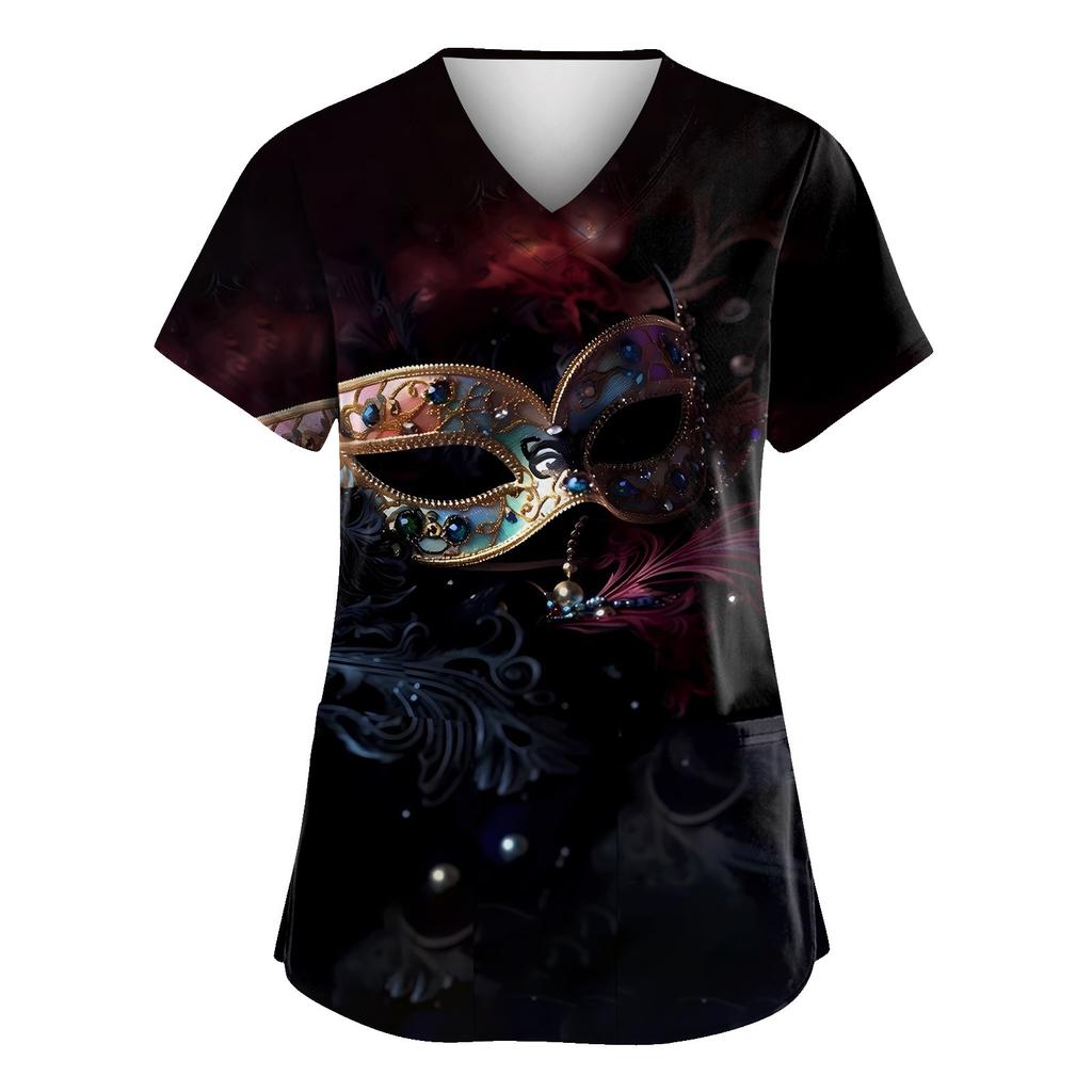 Damen Karneval Bedruckte Uniform Arbeitsuniform V-Ausschnitt Tasche Schützende Uniform