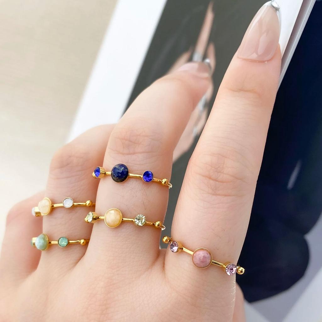 CARLIDANA French Style Light Luxury Gold Plated Stainless Steel Pendant Ring Colorful Natural Stone Open Finger Ring Women