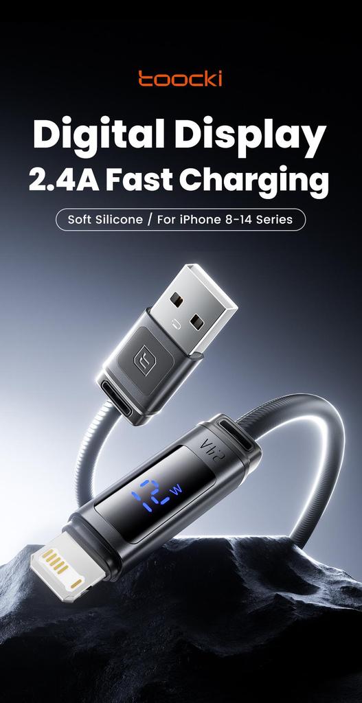 Tookci 2.4A Fast Charging Silicone Data Cable with Digital Display for iPhone 14/13/12