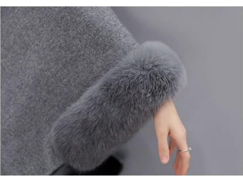 Women's Hepburn Style Wool Coat with Large Rabbit Fur Collar - Autumn/Winter Mid-Length Cape Shawl, Plus Size Available.