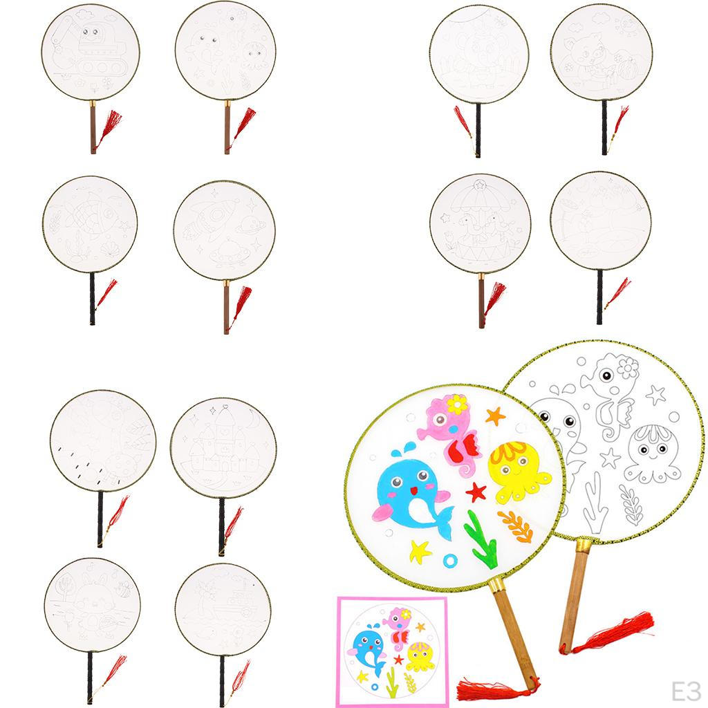 1 piece Ancient Handheld Fan Round Paddle Mandarin Handle with Fabric, Blank Patterns