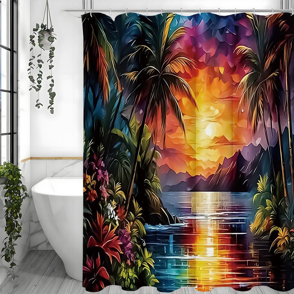 Jessica Chen Tropical Rainforests And The Sunset Shower Curtain Washable Dirt-Resistant Shower Head Waterproof Polyester Bath Curtain
