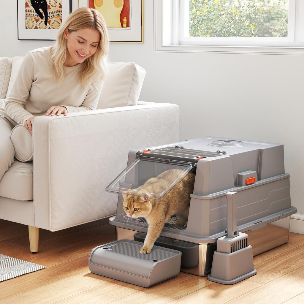 Lettiera per Gatti XXL in Acciaio Inossidabile 130L con Coperchio Pieghevole a 180 gradi, Pareti Laterali Alte, Paletta, Gradino, 70x50x43cm, Grigio