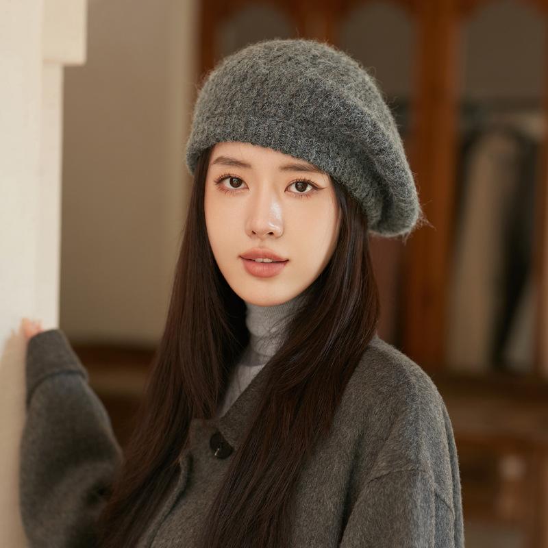 Korean Autumn and Winter Hat for Women Rabbit Wool Knitted Warm Wool Hat Solid Color Versatile Beret Literary Retro Painter Hat