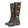 Johnature Botas largas de cuero genuino para mujer, zapatos hechos a mano con estampado Retro, Color a juego, con cordones, hasta media pantorrilla