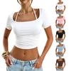 Women’s Short Sleeve Crop Top with Neck Square Collar Slim Fit Waist Exposed Midriff Modern Style Casual Tee Shirt