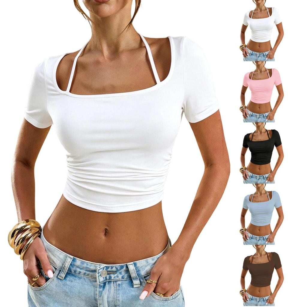 Women Short Sleeve Crop Top Halter Neck Square Neck Slim Fit Stretchy Casual T Shirt Summer Basic Tee