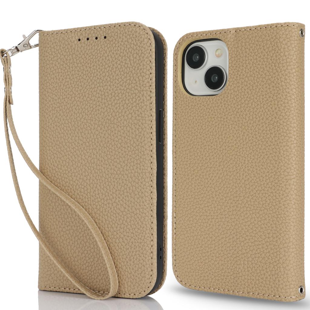 Stand Case for iPhone 15 Litchi Texture Leather Flip Phone Cover with Strap/Wallet