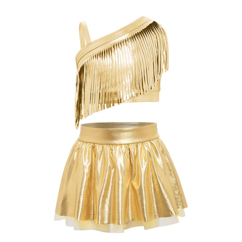 Girls Metallic Tassels Jazz Dance Outfit Asymmetrical Shoulder Crop Top Elastic Waist Shiny Tutu Skirt