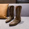 Fashion Studded Western Cowboy Boots Boots for Women Autumn Fashion Zip Embroidered Pointed Toe Shoes Chunky Heel Mid Calf Knight Boots