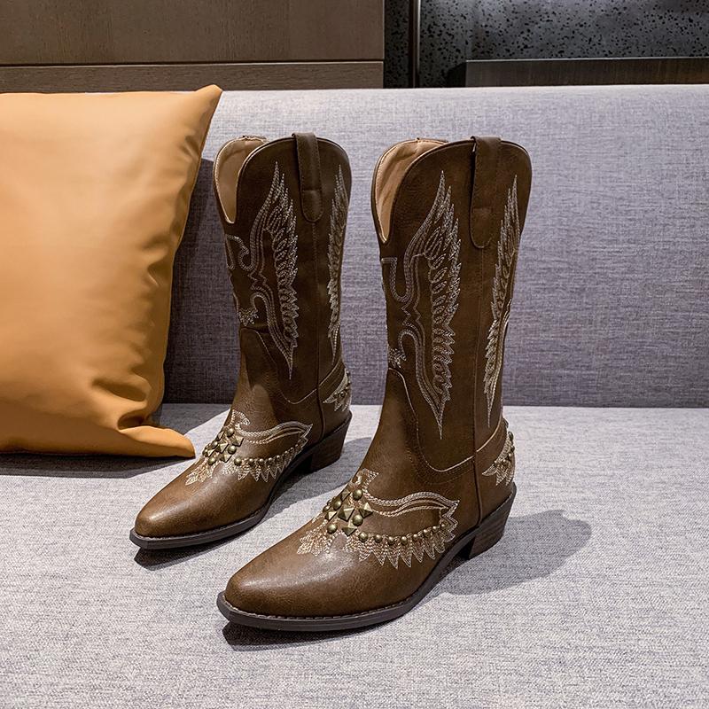 Fashion Studded Western Cowboy Boots Boots for Women Autumn Fashion Zip Embroidered Pointed Toe Shoes Chunky Heel Mid Calf Knight Boots