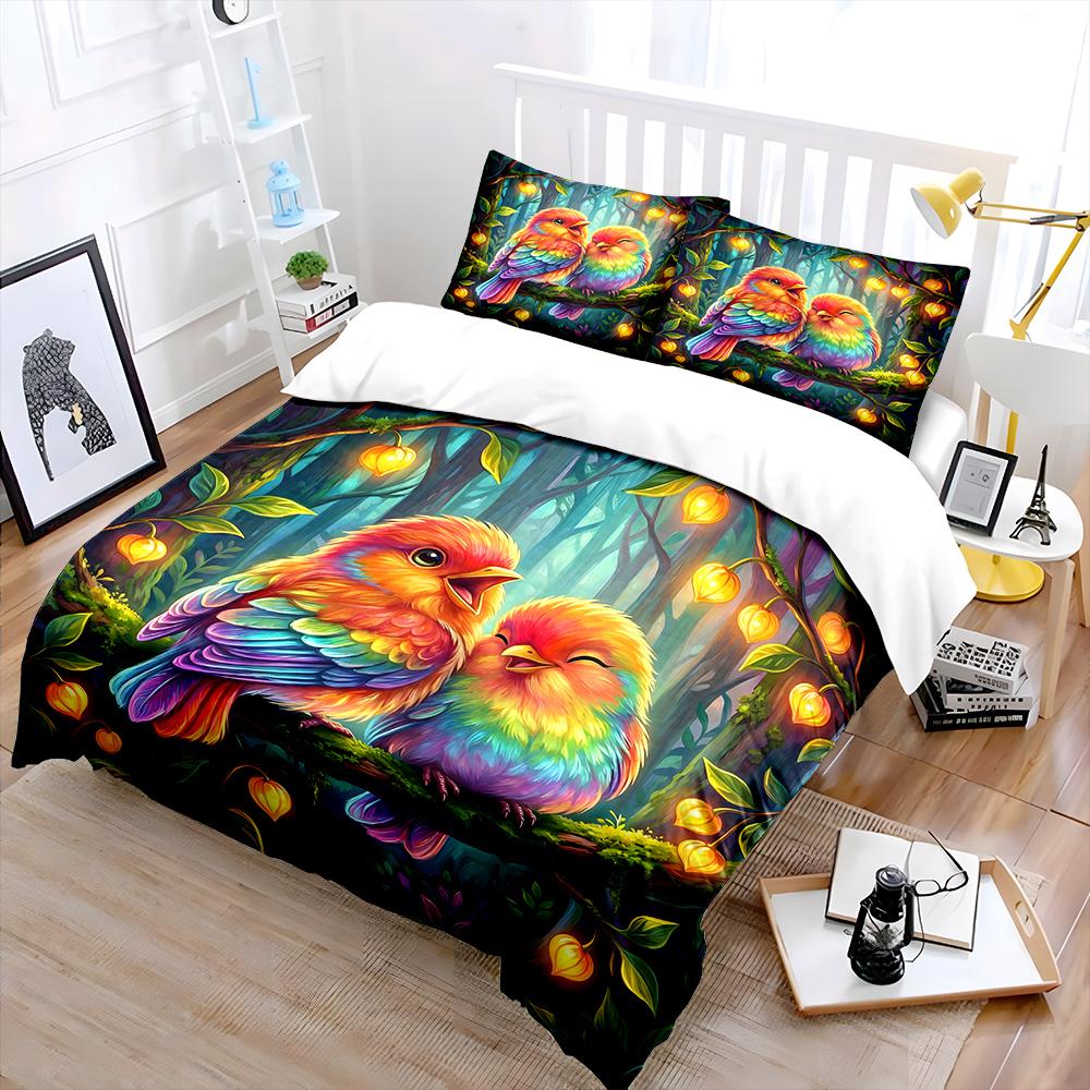 Colorful Birds with Glowing Leaves Bedding Set for Kids Luxury Gift 3pcs Digital Print Comforter Set Soft Comfortable Breathable