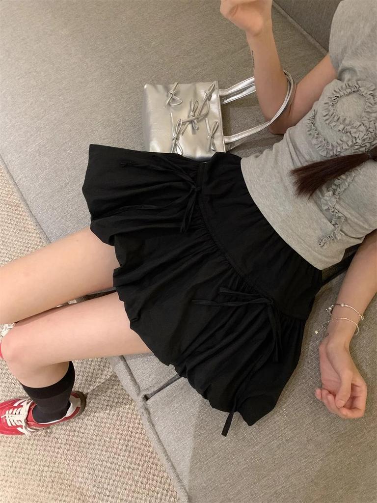 2025 Spring/Summer Women's High-Waist A-line Fluffy Short Skirt with Bow Knot Tie-up