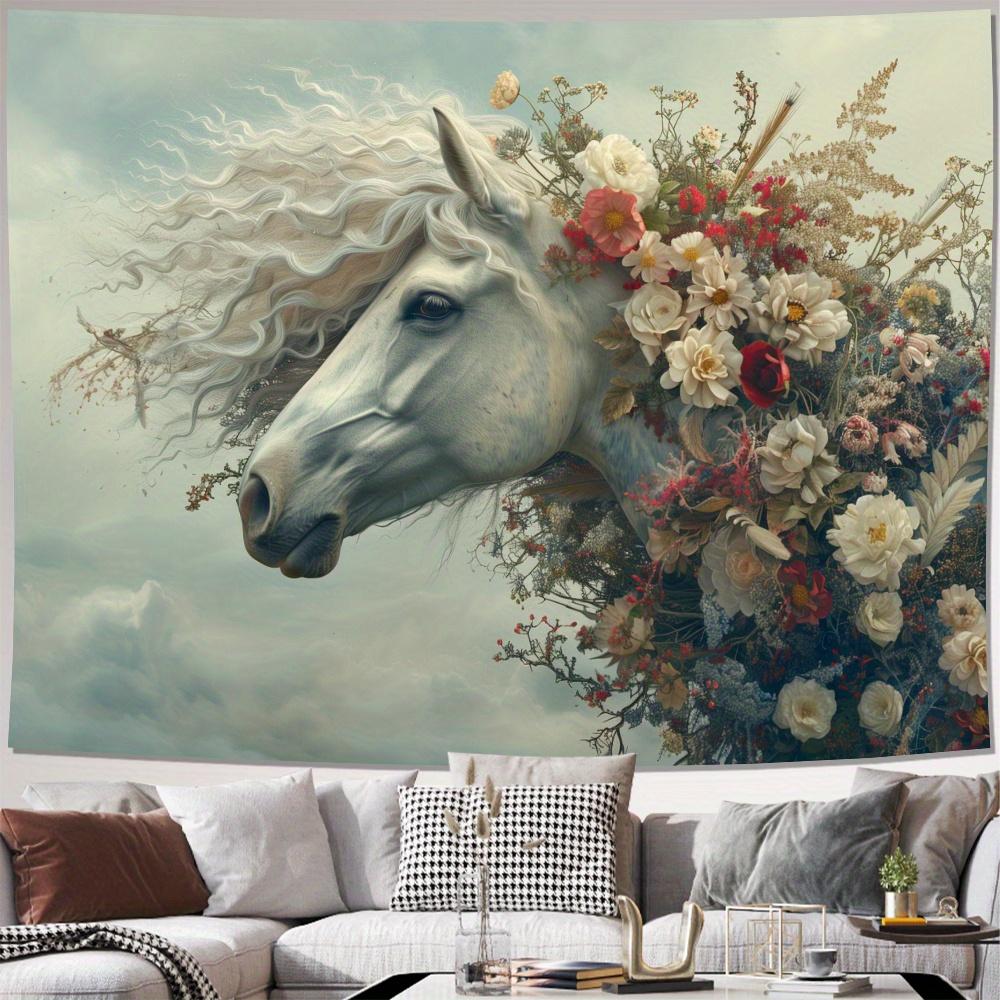 Majestic Floral Tapestry Wall Hanging Boho Horse Art Botanical Botanical Decor Print 150x300cm Large Room Statement Tapestry
