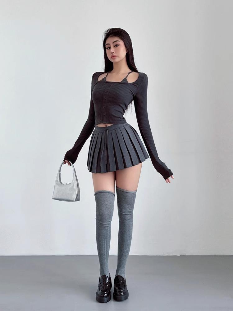Šedá skládaná sukně Dámské Šněrovací Léto Preppy Styl Nízký pas Y2K Mini Krátké sukně Culottes Bílé