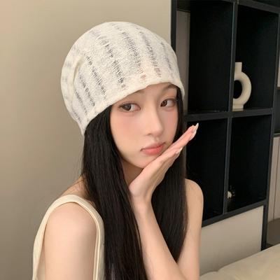 Multicolor Knitting Beanie Thin Soft Lace Flower Stacked Hat Breathable Big Head Circumference Pullover Hat Spring Summer