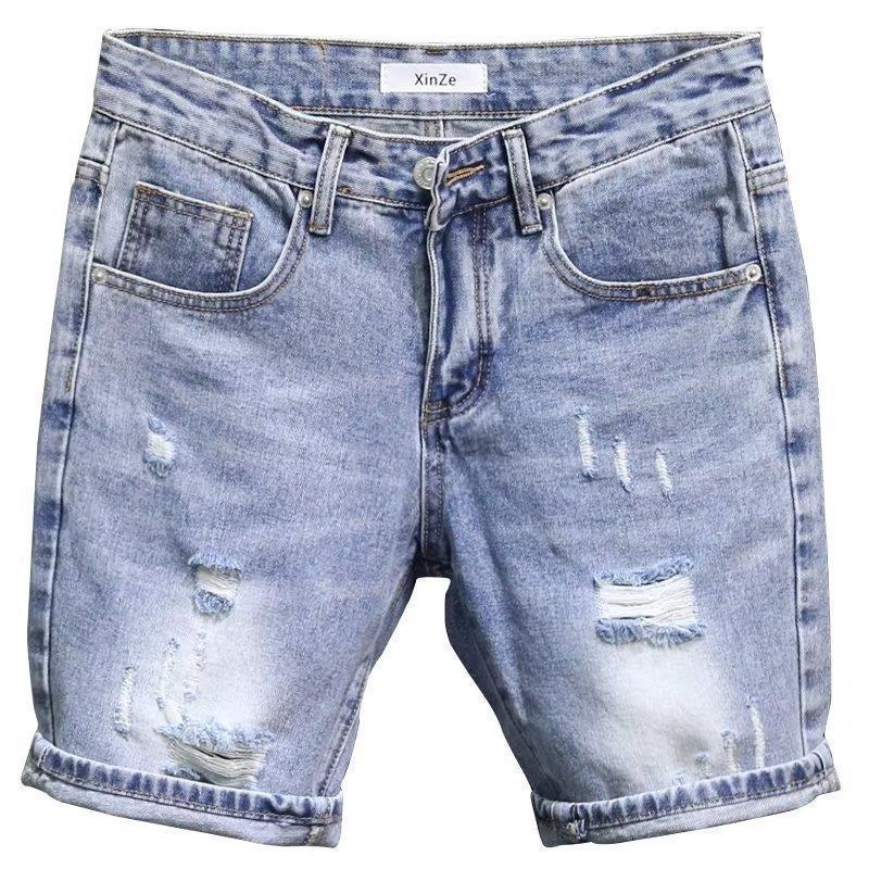 Men's Trendy Light Blue Ripped Denim Shorts, Korean Style Slim Fit with Distressed Pockets.