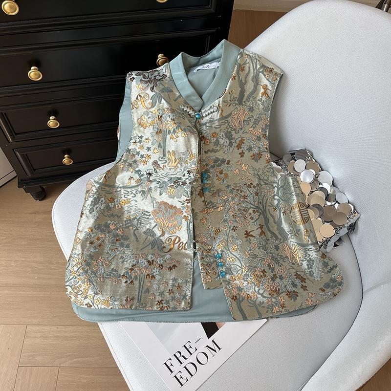 Embroidered vest women 2025 retro button sleeveless vest top