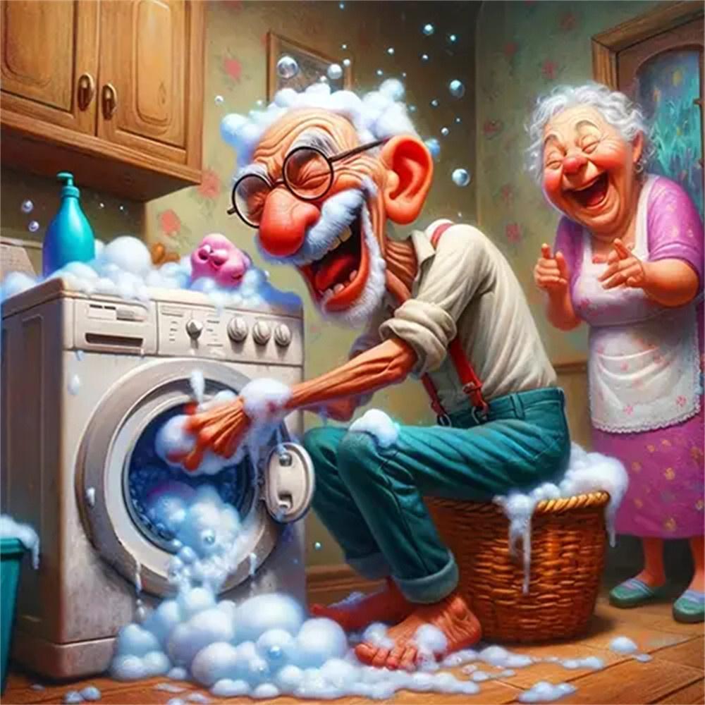 Momoart Full Square Round Diamond Embroidery Couple Portrait Picture Of Rhinestones Cartoon Painting Old People Mosaic Wall Art Full Round 20x20cm