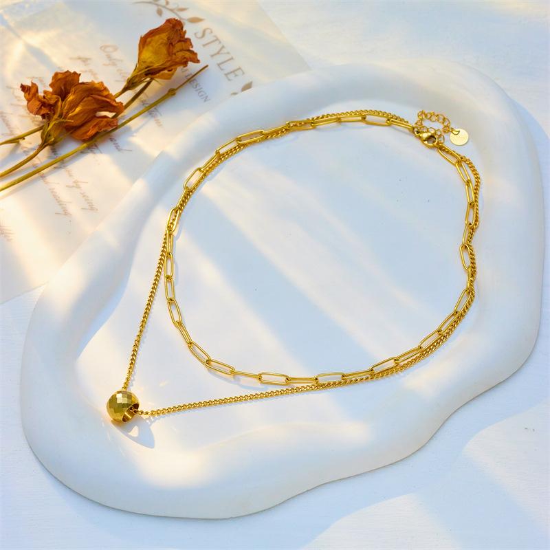 18K Gold Plated Layered Chain Necklace, Dainty Paperclip Chain with Bead Pendant Double Layer Choker for Women, Trendy Jewelry