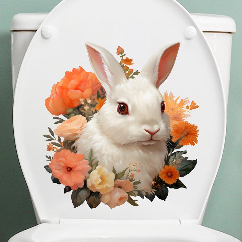 Cute Bunny Flower Toilet Stickers, Waterproof Removable Decals for Bathroom Restroom Decor, Self-Adhesive
