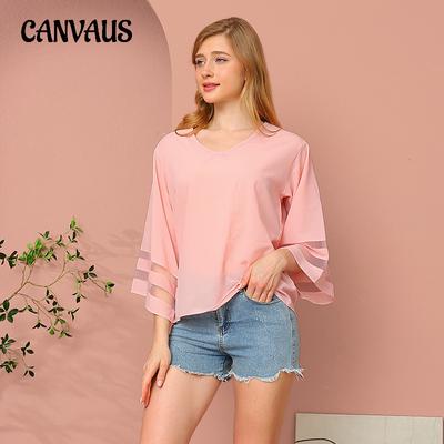 T-shirt da donna estiva Camicia in chiffon a vento con scollo a V allentata e dolce ragazza fresca