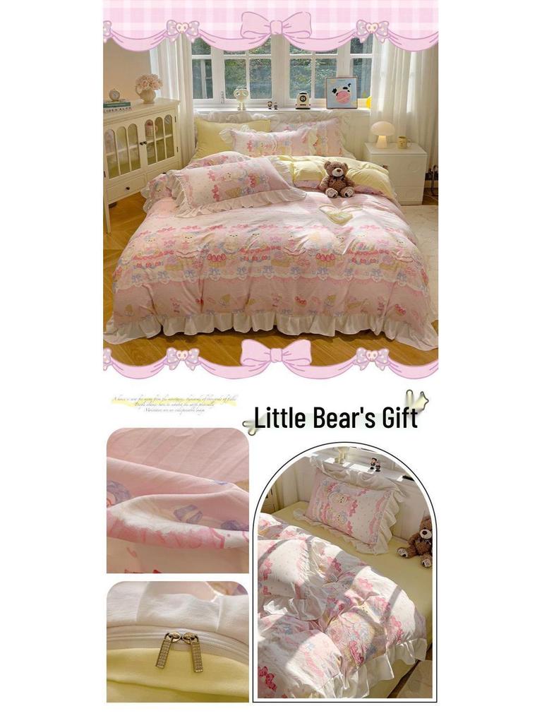 G5Z Princess Mingsha Lolita Lace Washed Cotton Bedding Set - Duvet Cover, Bed Sheet, Cute Girl Dormitory Style (4-Piece)