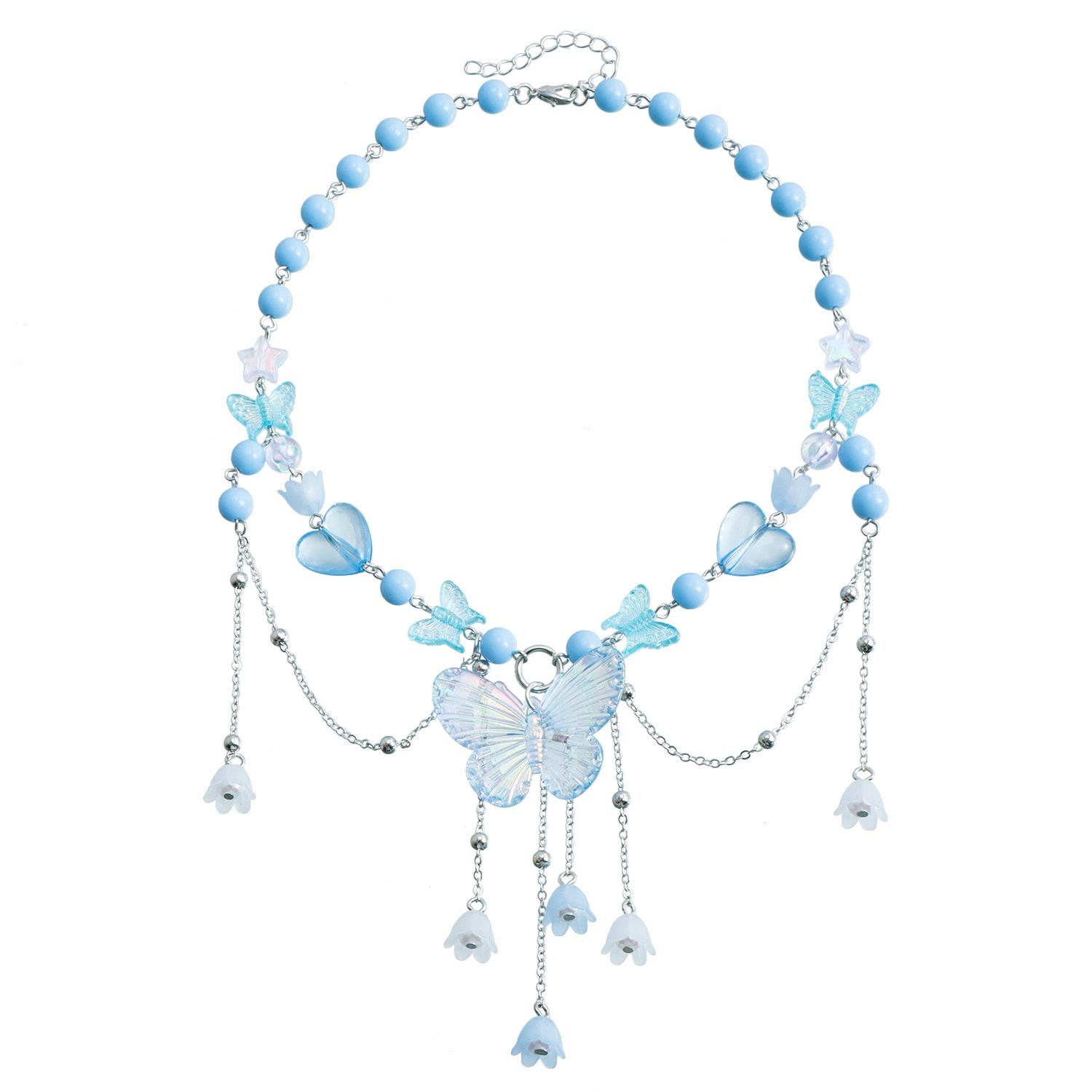 

Намисто з бісеру Y2k для дівчини, чокер з метеликом у формі серця, аксесуар з китицями світло-синій колір