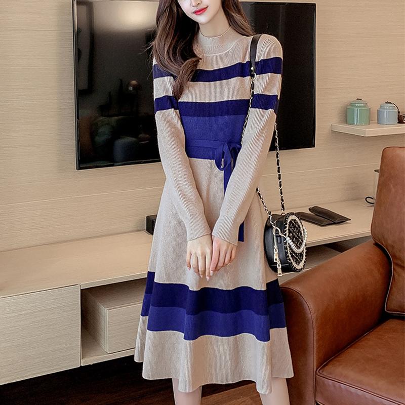 Koreańska moda Elegancki sweter z dzianiny Casual Dress Długi rękaw Lace-Up High End Stretch Knit Vintage Stripe Sukienki