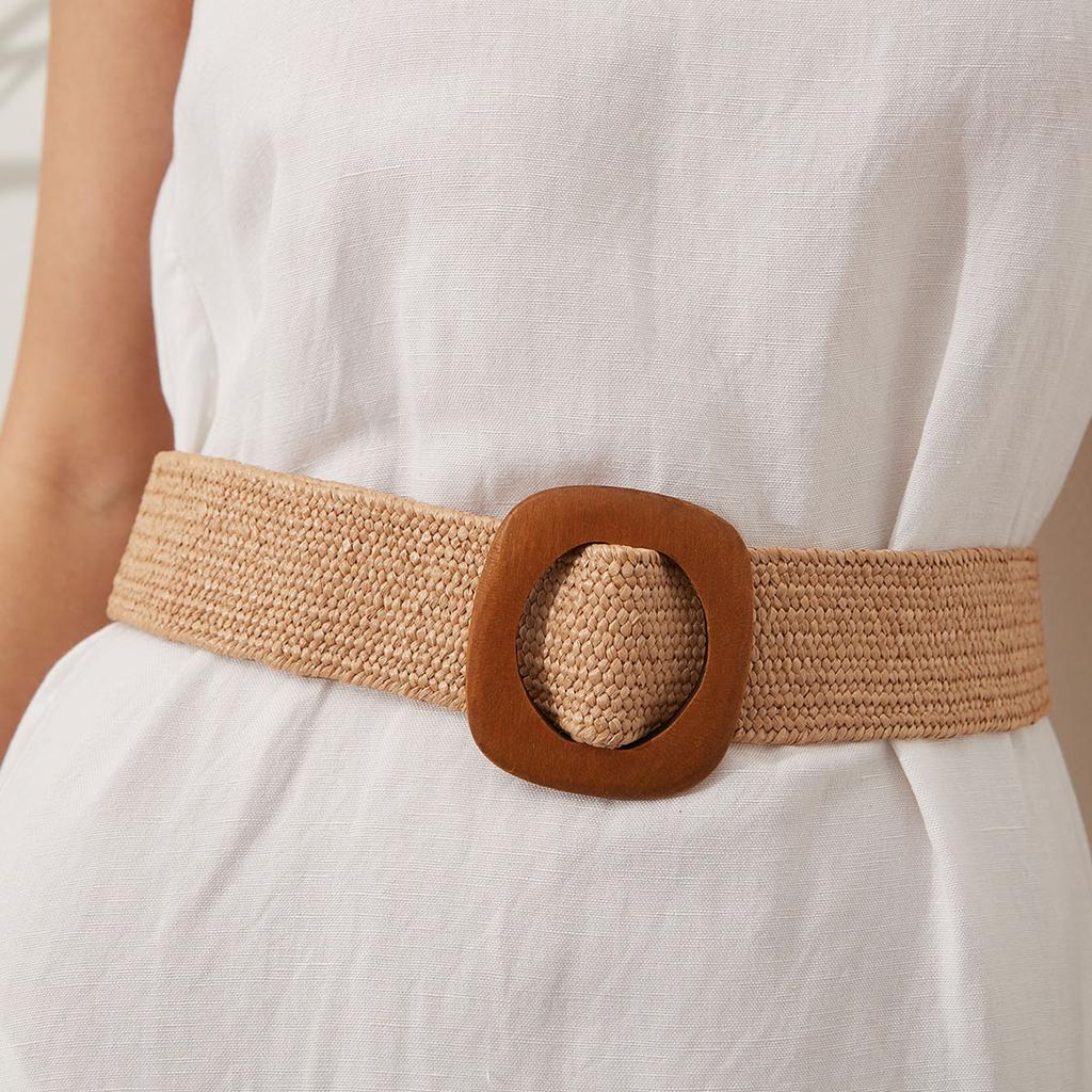 New Spring and Summer Elastic Pp Grass Square Wood Buckle Ethnic Style Ladies Versatile Belt Boho Style Webbing