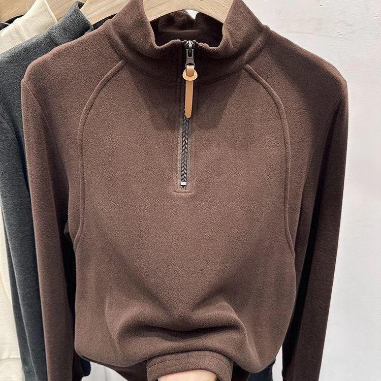 Korean Style Fleece Zipper Top - Slimming Half-High Collar, Long-Sleeve, Solid Color (2024 Autumn/Winter)