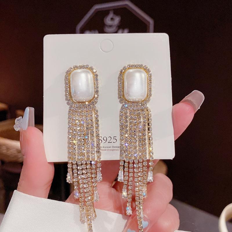 1 Pair Dangle Earrings Bowknot Shape Shining Rhinestones Lady Earrings Heart Imitation Pearls Tassel Jewelry Accessory