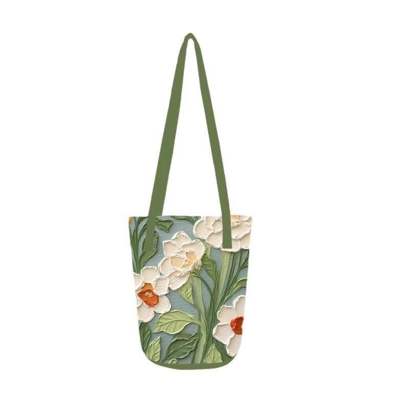 Oil Painting Floral Shoulder Bag, Unique Design Bucket Bag, Large Capacity Tote Commuter Bag, Versatile Women's Handbag
