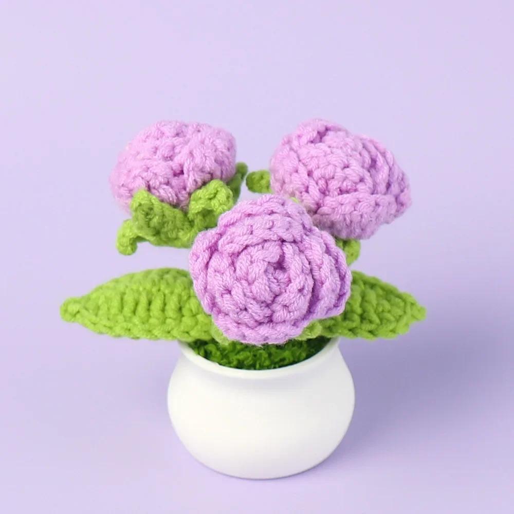 Knitted Rose Flower Potted Creative Crochet Flower Artificial Plant Graduation Gift Wedding Home Decor