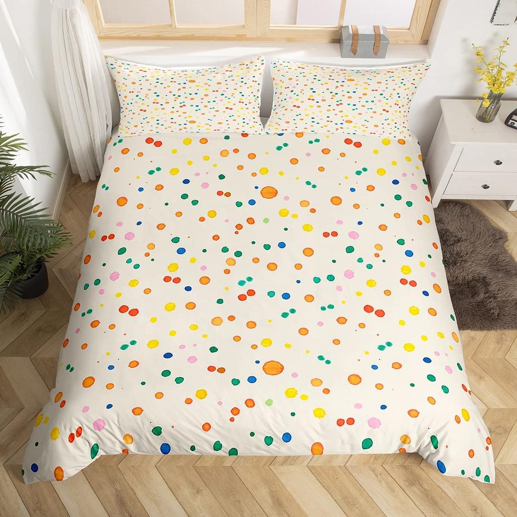 Colorful Dots Bedding Set Geometry Comforter Cover Set for Girls,Pink Yellow Green Red Purple Circle Print Duvet Cover Polyester