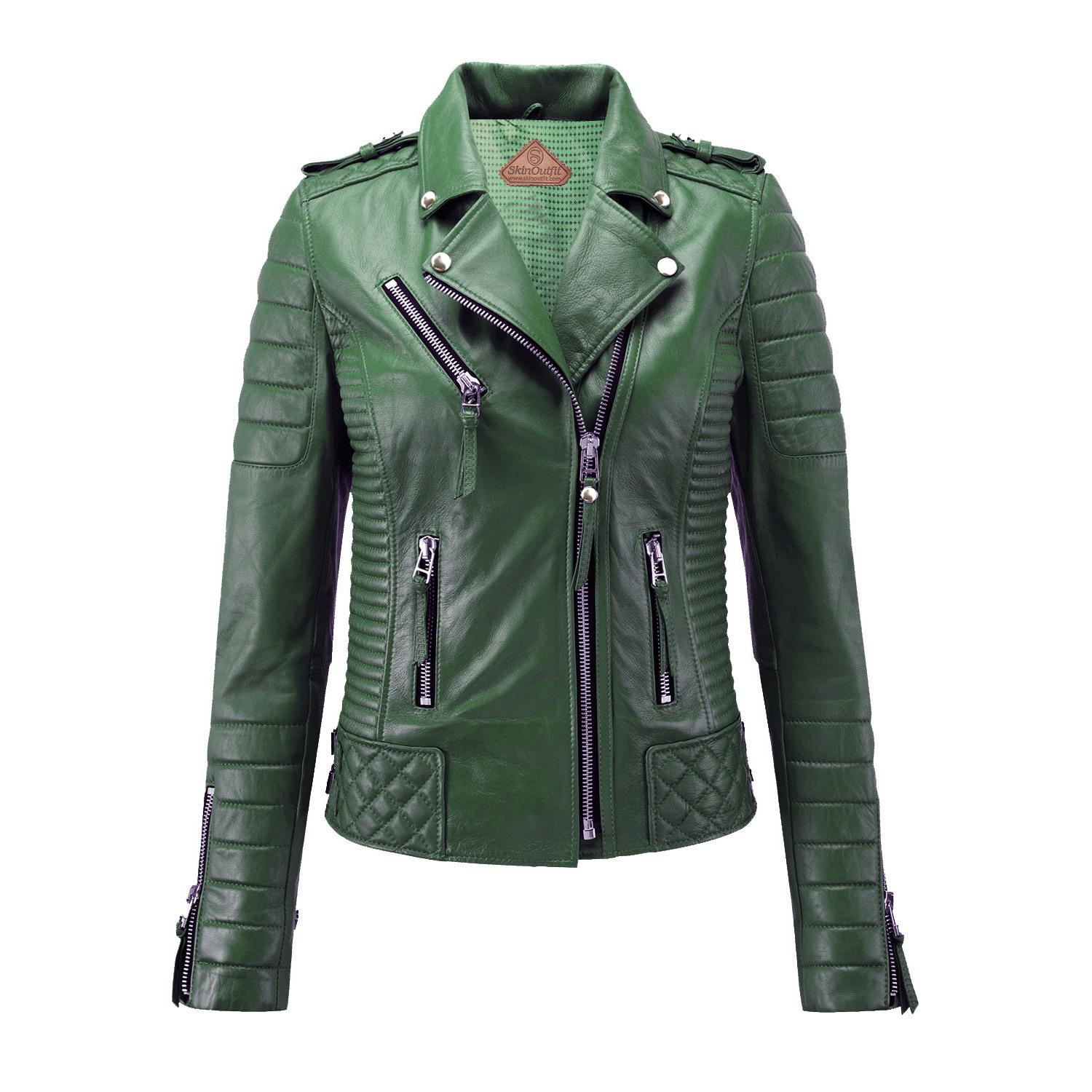 

SKINOUTFIT Women s Motorcycle Leather Jacket Genuine Green Lambskin Cafe Racer Biker Outerwear M зелений