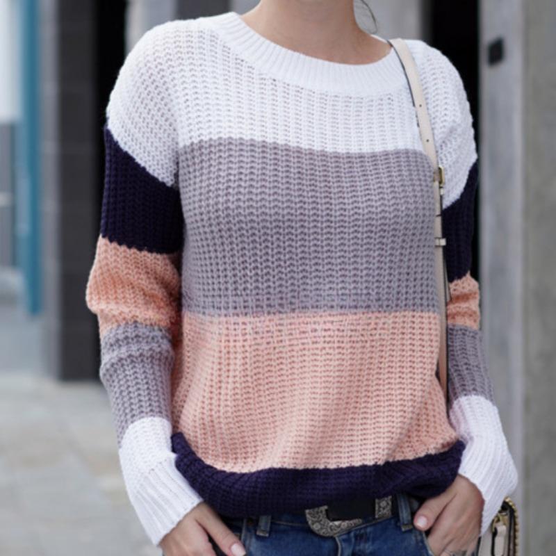 IHUASU Женский осенне-зимний полосатый свитер-пуловер, свободный свитер большого размера с радужной вязкой S розовый