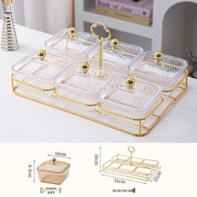 ZISIZ 6-Compartment Square Acrylic Snack Bowl with Gold Stand and Lid