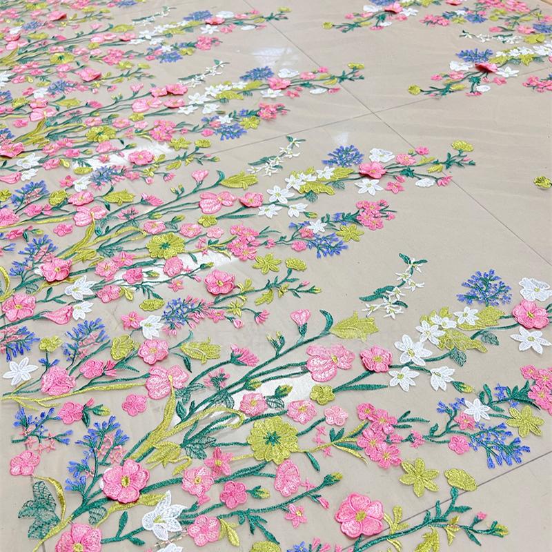 1yard Flowers Pattern Embroidery Applique Lace Fabric Plant Flower Embroidered Mesh Fabric for Dress Gown Clothing DIY Sewing