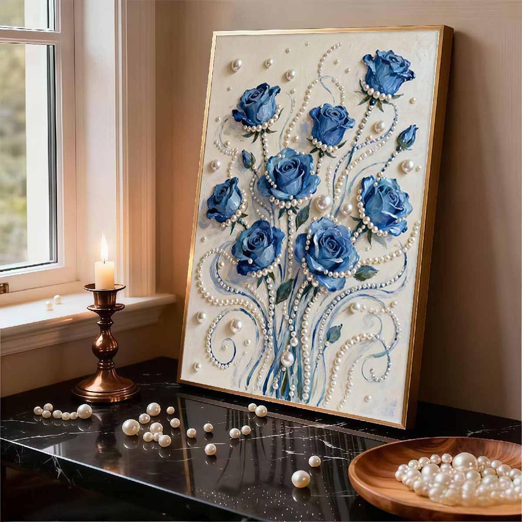 Crystal Pearl Painting 5D DIY Frame Decoration Painting Blue Rose Home Wall Decoration Transparent Pearl Gemstone Painting Picture Art Crafts