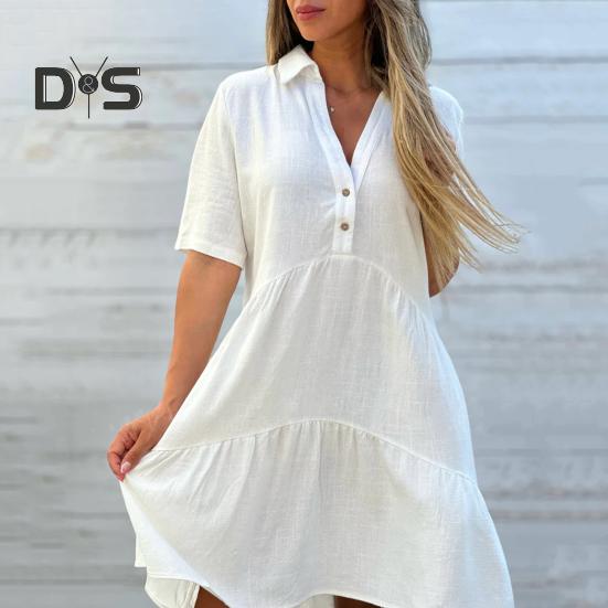 Summer Midi Dress V Neck Patchwork Hem Loose A-line Short Sleeves Pleated Solid Color Knee Length Dress for Beach Dating Parties